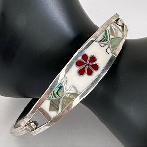 Taxco Mexico Silver Tone Mother of Pearl Inlay Flower Design Bracelet Bangle
